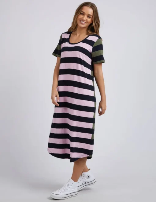 Mercury Dress - Khaki, Navy & Pink Stripe