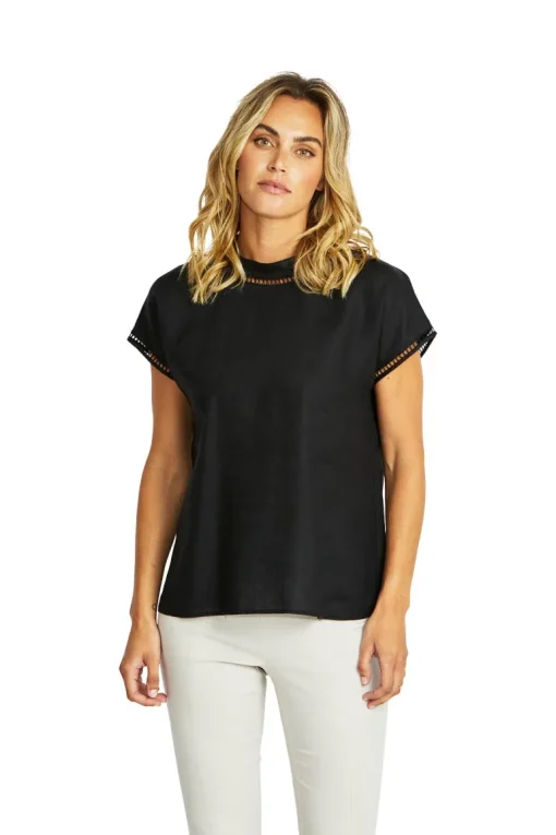 Ping Pong - Jade Linen Trim Top - Black - Womens Fashion