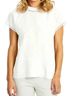 Ping Pong - Jade Linen Trim Top - White - Womens Fashion