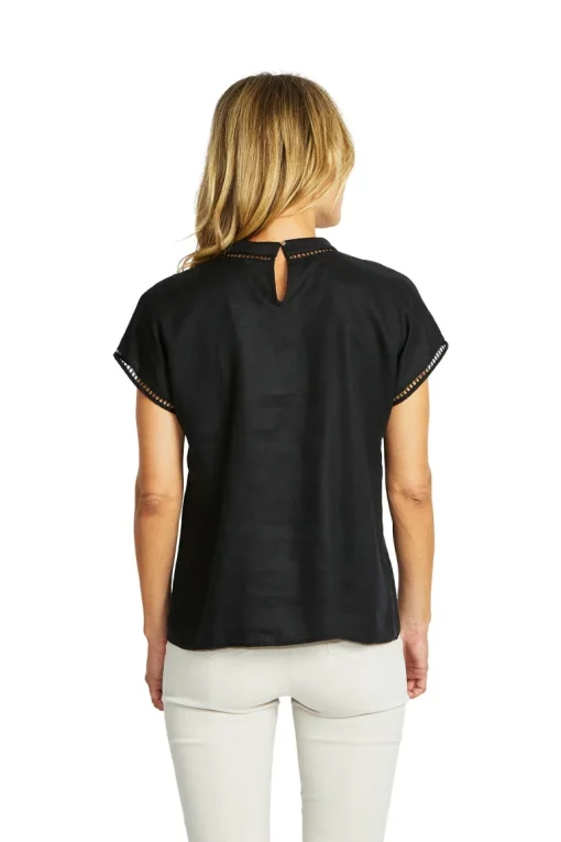 Ping Pong - Jade Linen Trim Top - Black - Womens Fashion
