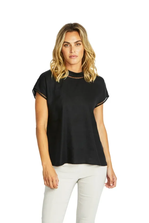 Ping Pong - Jade Linen Trim Top - Black - Womens Fashion