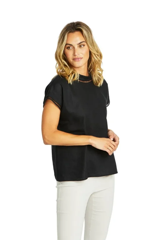 Ping Pong - Jade Linen Trim Top - Black - Womens Fashion