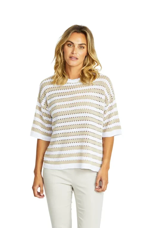 Ping Pong - Kate Crochet Pullover - White/Flax - Womens Fashion