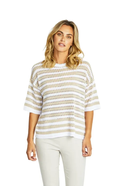 Ping Pong - Kate Crochet Pullover - White/Flax - Womens Fashion