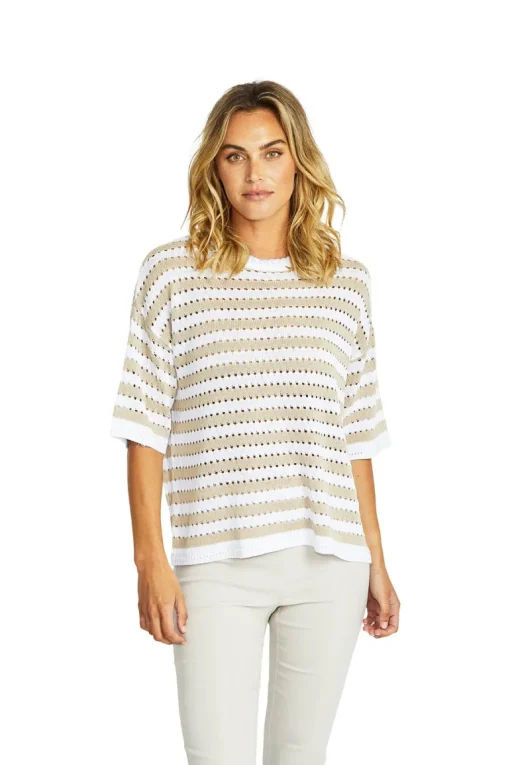 Ping Pong - Kate Crochet Pullover - White/Flax - Womens Fashion