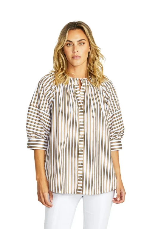 Ping Pong - Kendall Stripe Blouse - Caramel/White - Womens Fashion