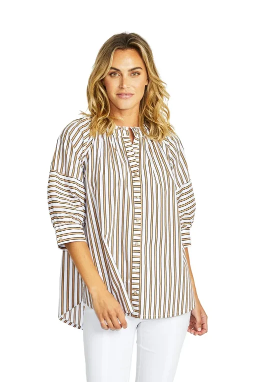 Ping Pong - Kendall Stripe Blouse - Caramel/White - Womens Fashion