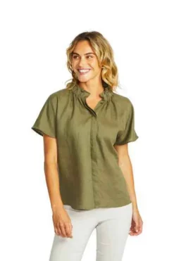 Ping Pong - Nora Linen Ruffle Blouse - Khaki - Womens Fashion