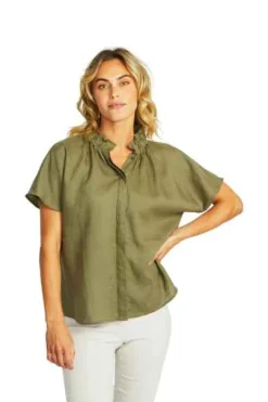 Ping Pong - Nora Linen Ruffle Blouse - Khaki - Womens Fashion