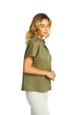 Ping Pong - Nora Linen Ruffle Blouse - Khaki - Womens Fashion