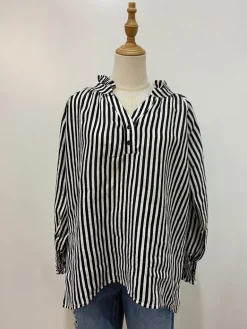 Sal & Lou - Charlie Frill Top - Black Stripe Linen - Womens Fashion