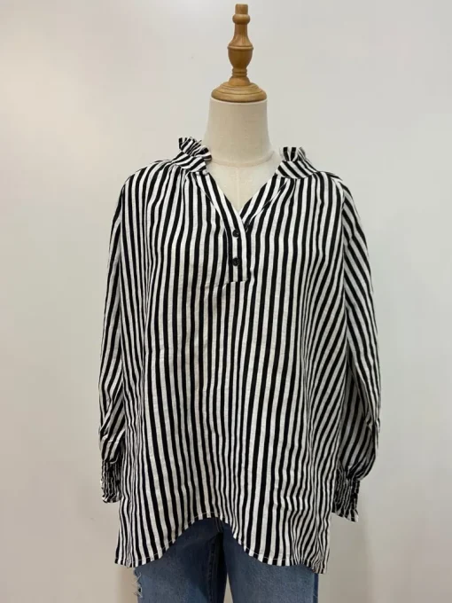 Sal & Lou - Charlie Frill Top - Black Stripe Linen - Womens Fashion
