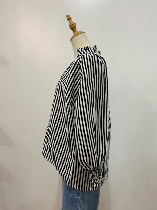 Sal & Lou - Charlie Frill Top - Black Stripe Linen - Womens Fashion