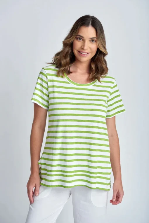 Stripe Raw Neck Tee - White | Greenery