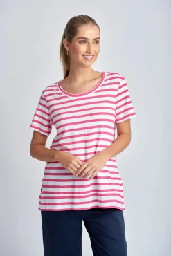 Stripe Raw Neck Tee - White | Raspberry