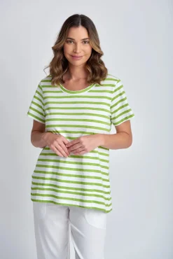 Stripe Raw Neck Tee - White | Greenery