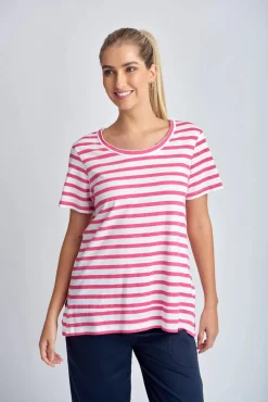Stripe Raw Neck Tee - White | Raspberry