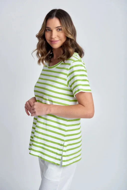 Stripe Raw Neck Tee - White | Greenery