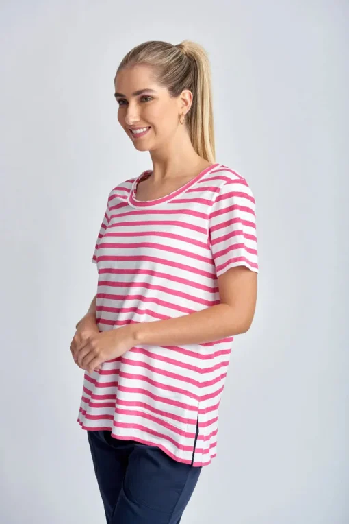 Stripe Raw Neck Tee - White | Raspberry