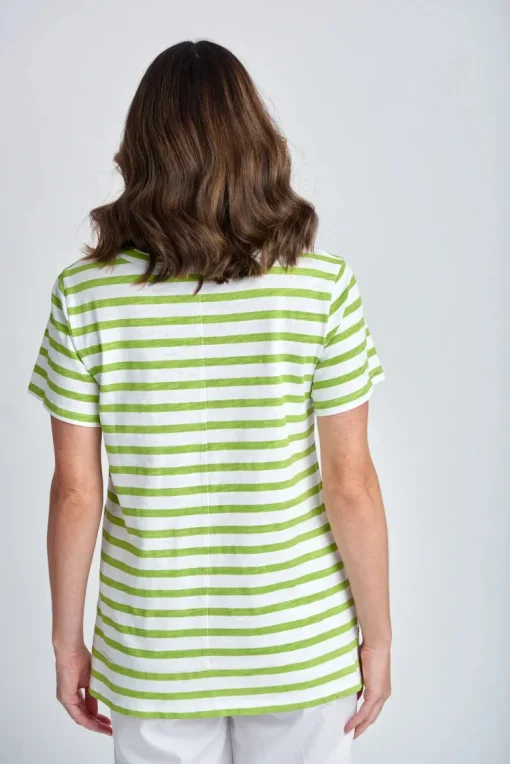 Stripe Raw Neck Tee - White | Greenery