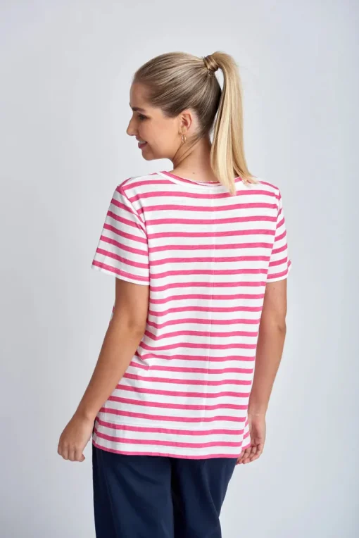 Stripe Raw Neck Tee - White | Raspberry