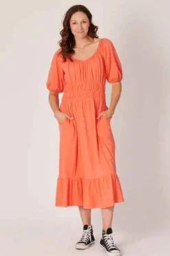 The LABoratory - Shirred Waist - Midi Dress - Coral - Womens Fashion