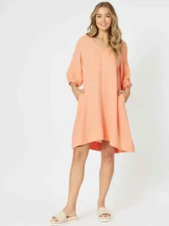 Threadz - Bryon Cotton Dress - Papaya - Womens Fashion