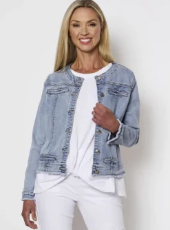 Threadz - Collarless Denim Jacket - Denim - Womens Fashion