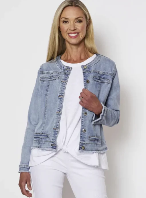 Threadz - Collarless Denim Jacket - Denim - Womens Fashion