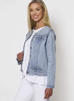 Threadz - Collarless Denim Jacket - Denim - Womens Fashion