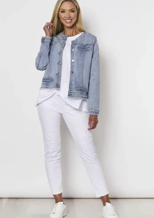 Threadz - Collarless Denim Jacket - Denim - Womens Fashion