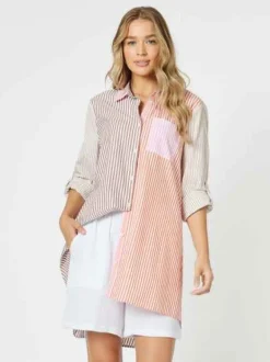Threadz - Summer Stripe Shirt - Papaya - Womens Fashion